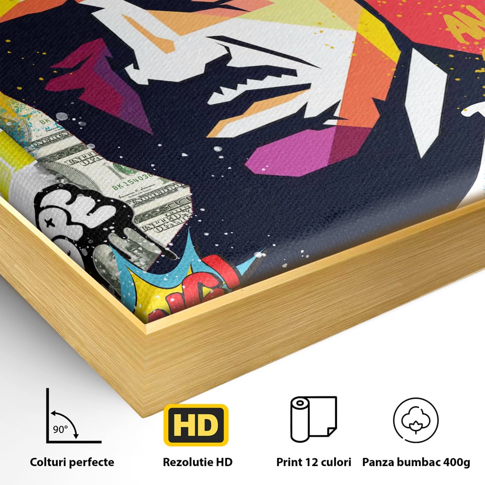Detaliu al suprafetei: tablou canvas portret mafiot stil pop art, in rama de aluminiu auriu